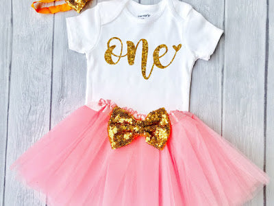 Baby Girls First Birthday Personalized Outfit, Sparkly Gold One Design