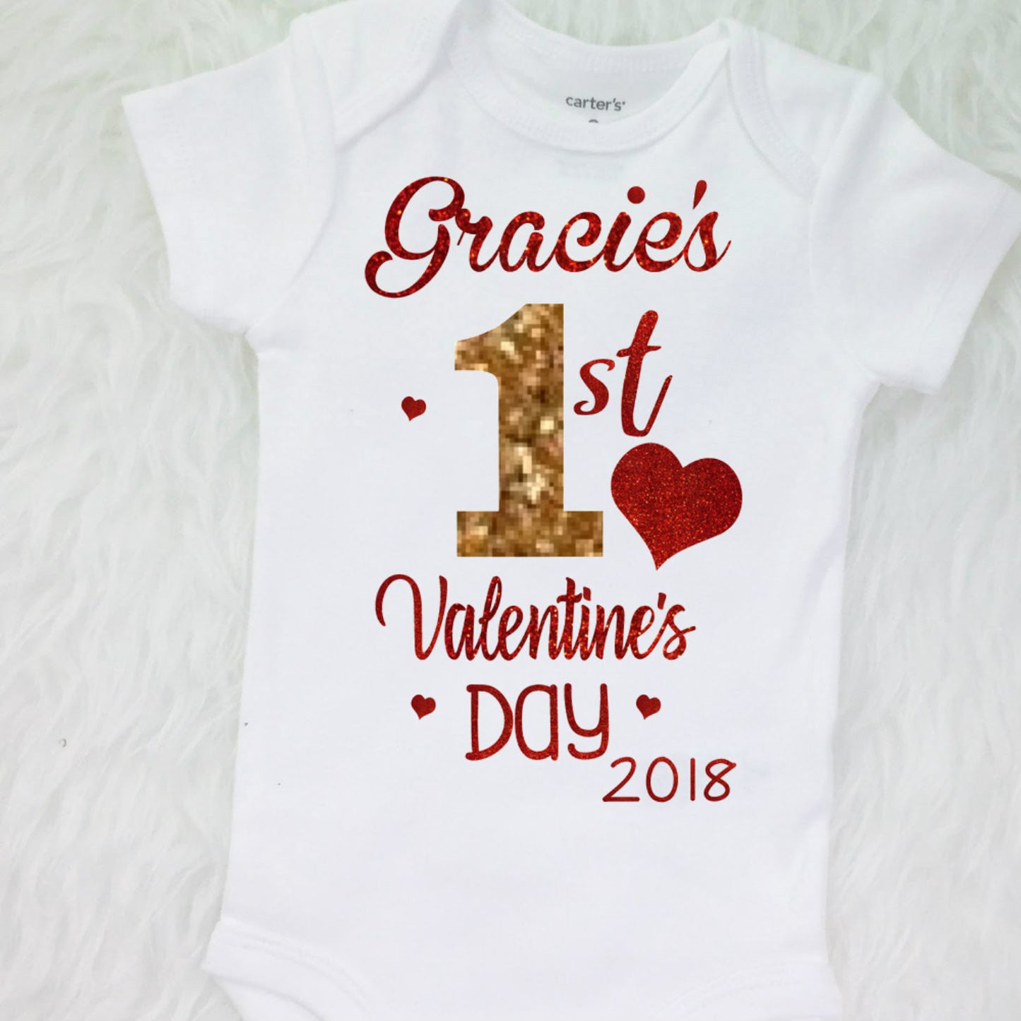 1st Valentine's Day Personalized Baby Girl Outfit (Gold and Red)