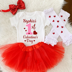1st Valentine's Day Personalized Baby Girl Outfit (Pink and Red)