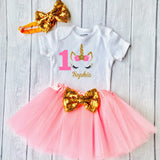 Baby Girls 1st Birthday Outfit, special gift for your princess - Sparkly Gold Unicorn Design