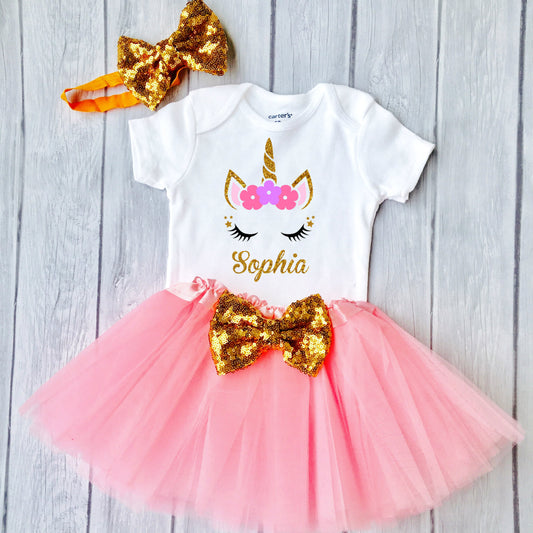 Toddler Girls First Birthday Outfit, special gift for your princess - Sparkly Gold Unicorn Design
