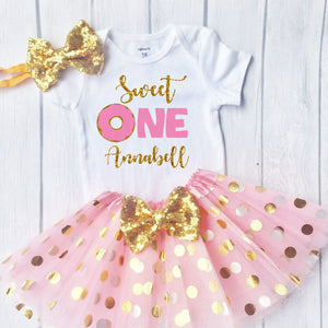 Baby Girls 1st Birthday Outfit, Sweet One, 1st Birthday outfit with a polka dot tutu