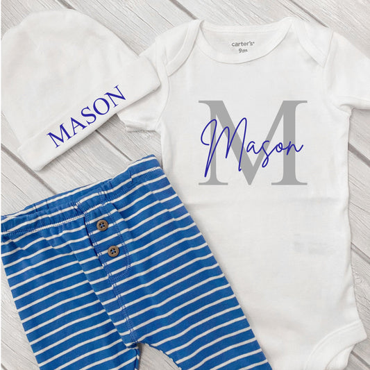 Newborn Boy Coming Home Outfit, Personalized Boy Monogram Name Bodysuit