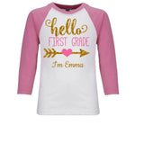 Back To School t-Shirt First Day of School Shirt Pink White Raglan - Personalized With Name