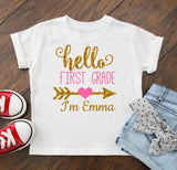 First Day Of School Shirt Girl's Hello First Grade Outfit  - Personalize Name and Grade !!