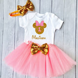First Birthday Minnie Outfit, Little Girls First Birthday Tutu Outfit With Glittering Design