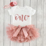 Baby Girls 1st Birthday Personalized Outfit, Sparkly Rose Gold Design