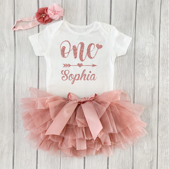 Baby Girls 1st Birthday Personalized Outfit, Sparkly Rose Gold Design