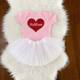 Personalized Girls Valentine Outfit Pink-White-Red Glitter Heart Shirt