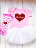 Personalized Girls Valentine Outfit Pink-White-Red Glitter Heart Shirt