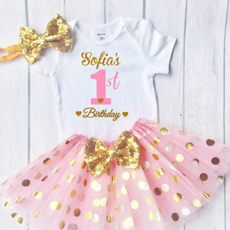 First Birthday Outfit, Sparkly Gold glittering font Design with tutu