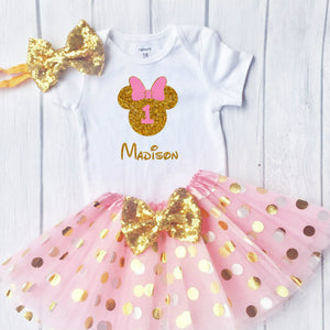 First Birthday Minnie Outfit, Little Girls First Birthday Tutu Outfit With Polka Dot Design