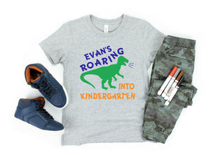 Roaring Into Kindergarten, Boys Kindergarten Shirt, Boys Back to School Shirt, First Day of Kindergarten Shirt, Personalized